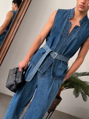 ORTTU Denim Star Neck Cardigan Small Belted Denim Vest Avant Garde